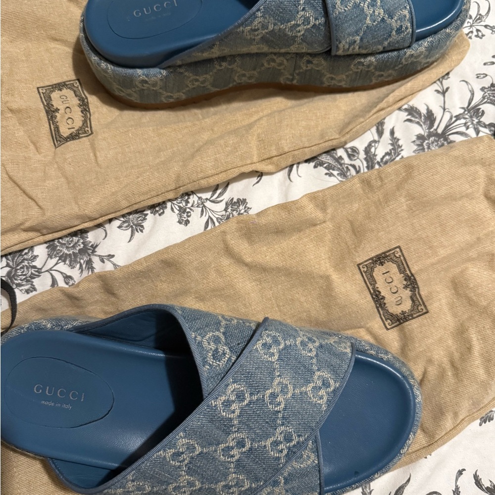 Gucci Blue Denim Monogram Platform Slides - Picture 7 of 9